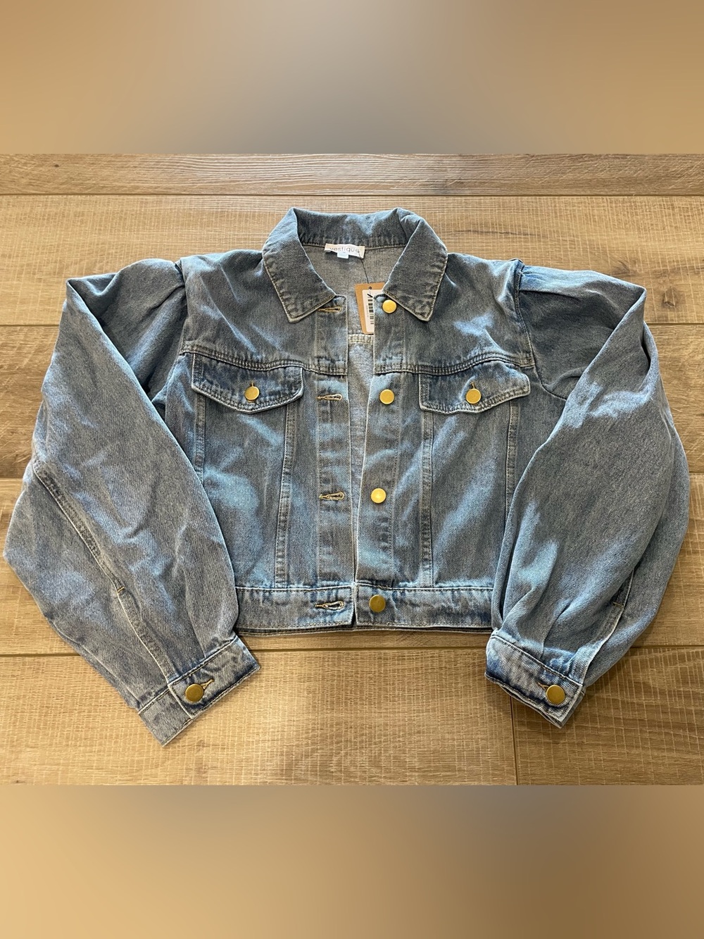 Brand New Boutique Light Wash Denim Jacket with Gold Buttons